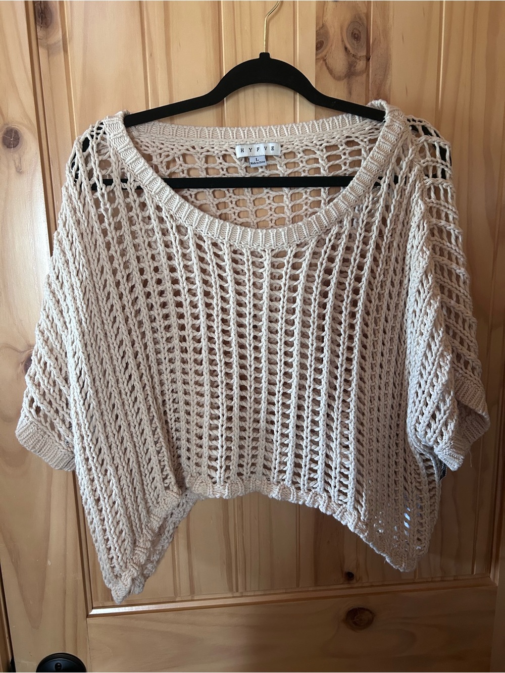 HYFVE Open-Knit Cropped Scoop Sweater in Beige
